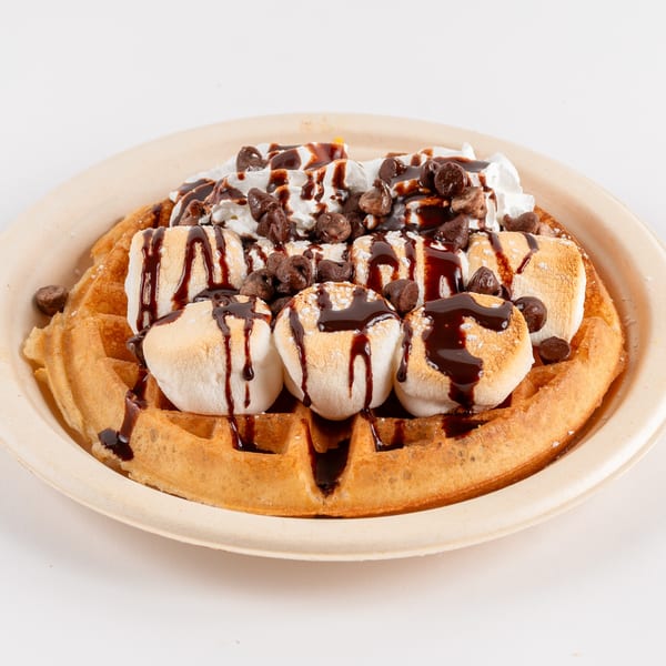 Waffles Café's waffle topped with toasted marshmallows, chocolate chips, whipped cream, and chocolate syrup.